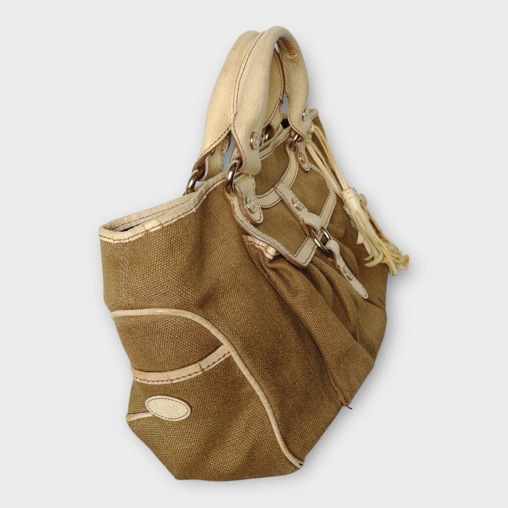 Celine Vintage Beige Canvas Raffia Boogie Bag