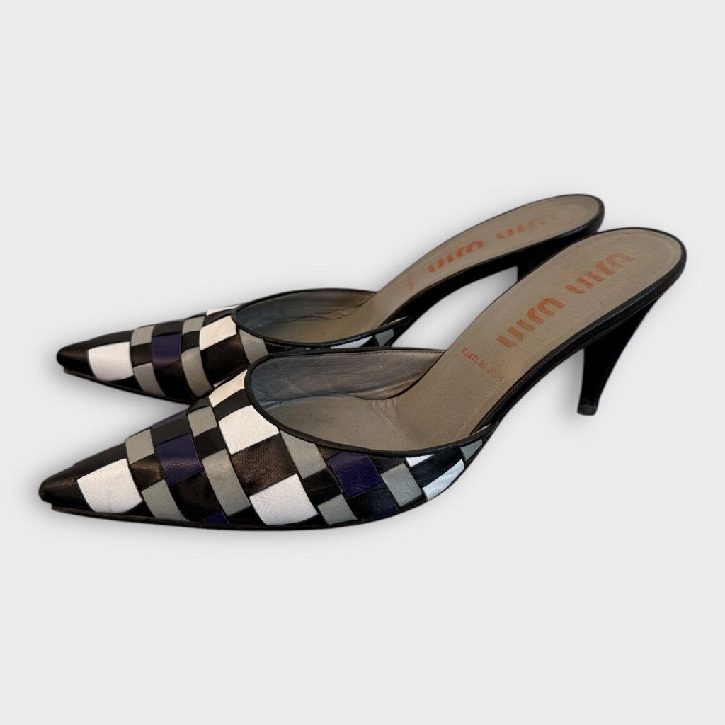 Miu Miu 90s Black & White & Purple Woven Leather Mules