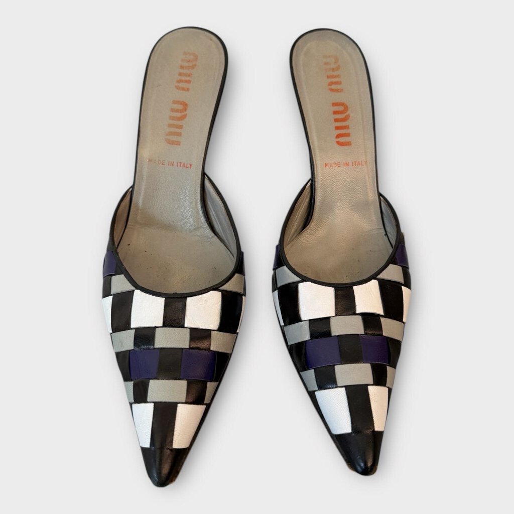 Miu Miu 90s Black & White & Purple Woven Leather Mules