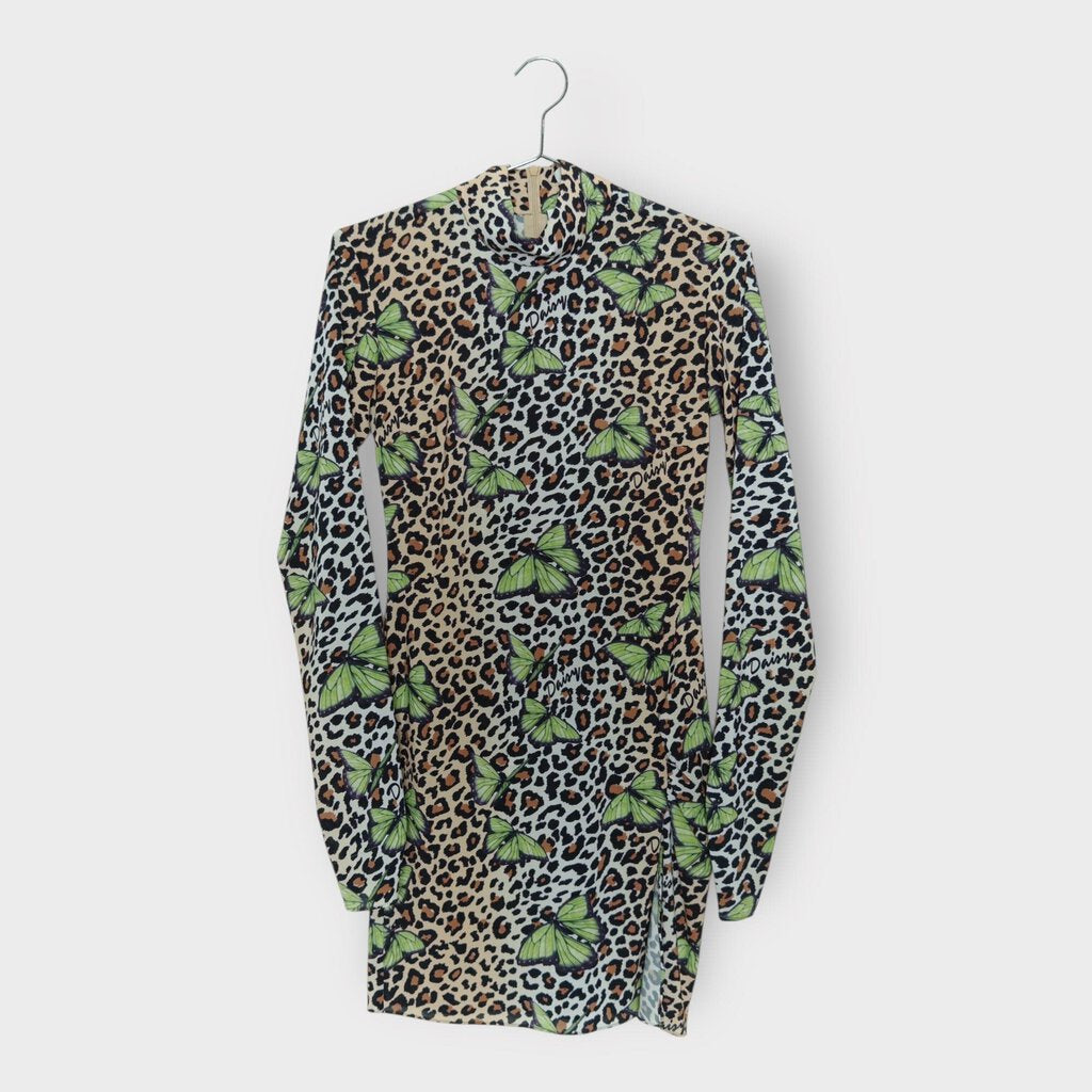 Brown & Green Leopard & Butterfly Print Long Sleeve Mini Dress