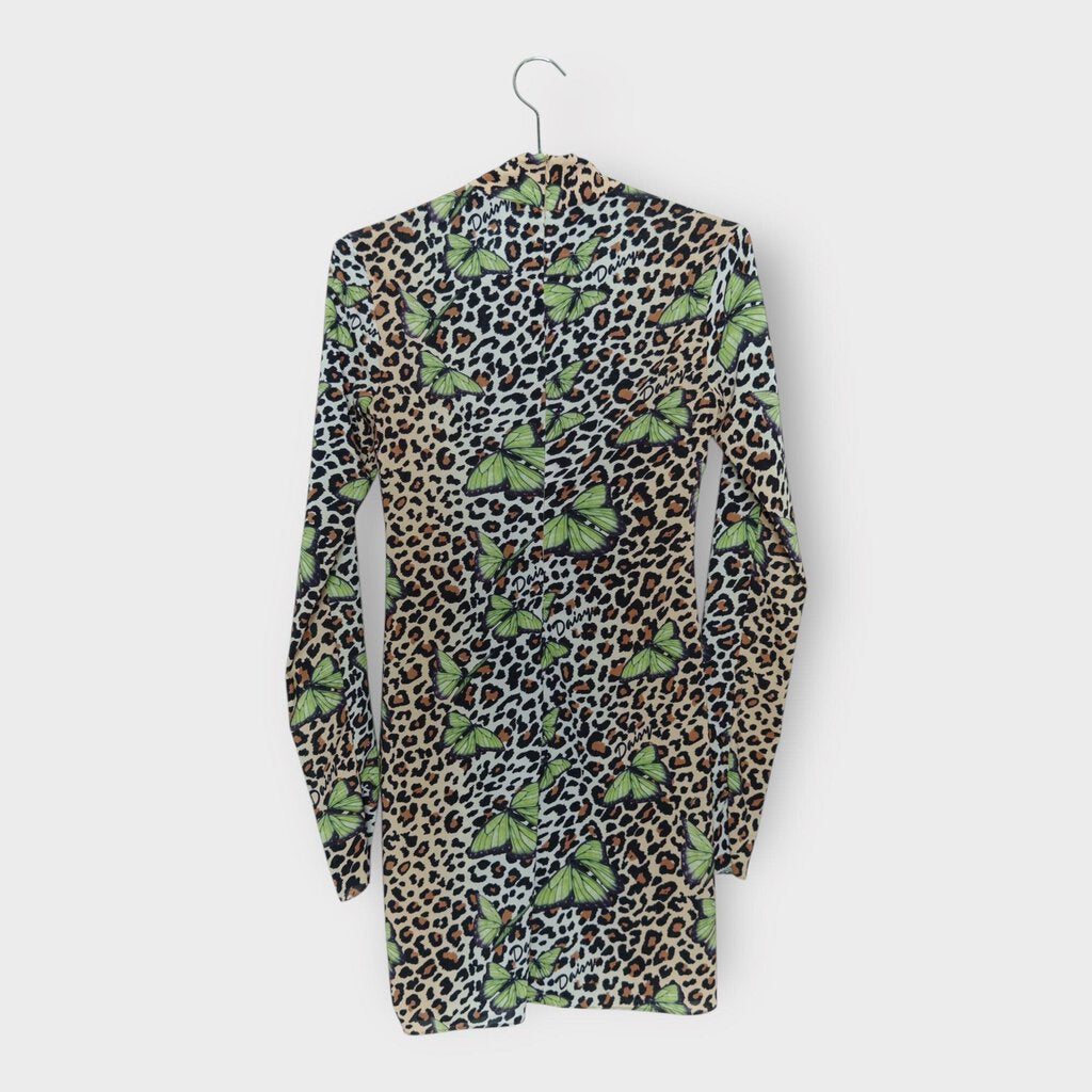 Brown & Green Leopard & Butterfly Print Long Sleeve Mini Dress