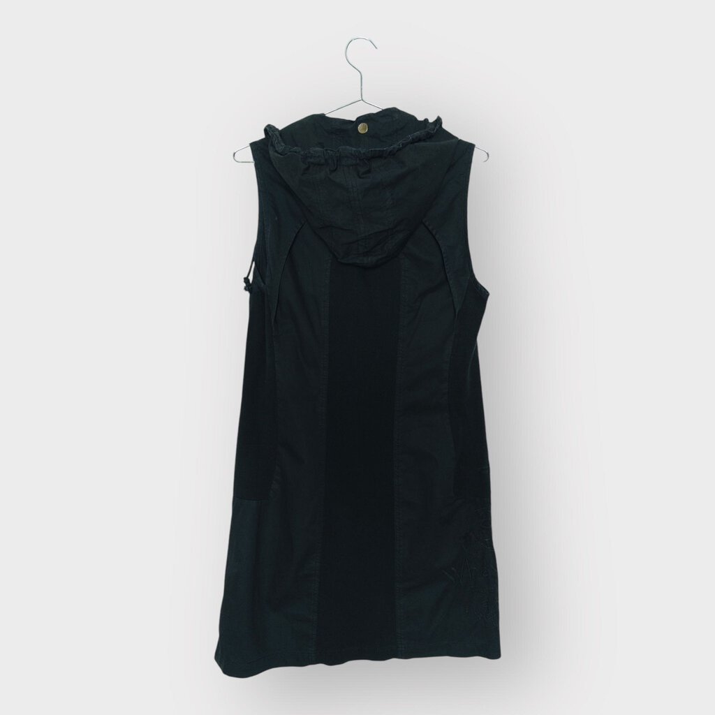 Black Cotton Gathered Button Zip Dress