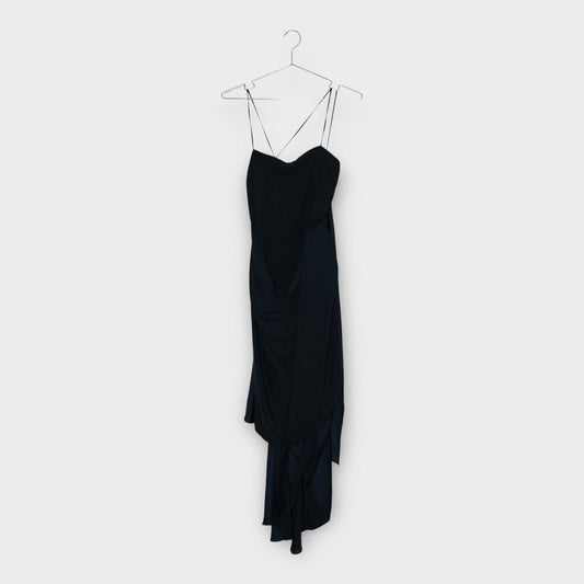 Bianca Spender Navy Satin Tie Neck Asymmetrical Dress