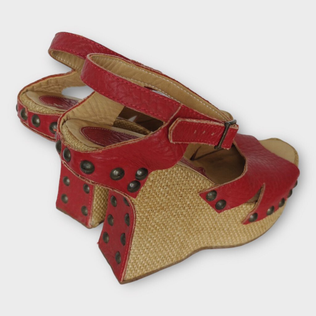 Marni Red Leather & Burlap Studded Heels