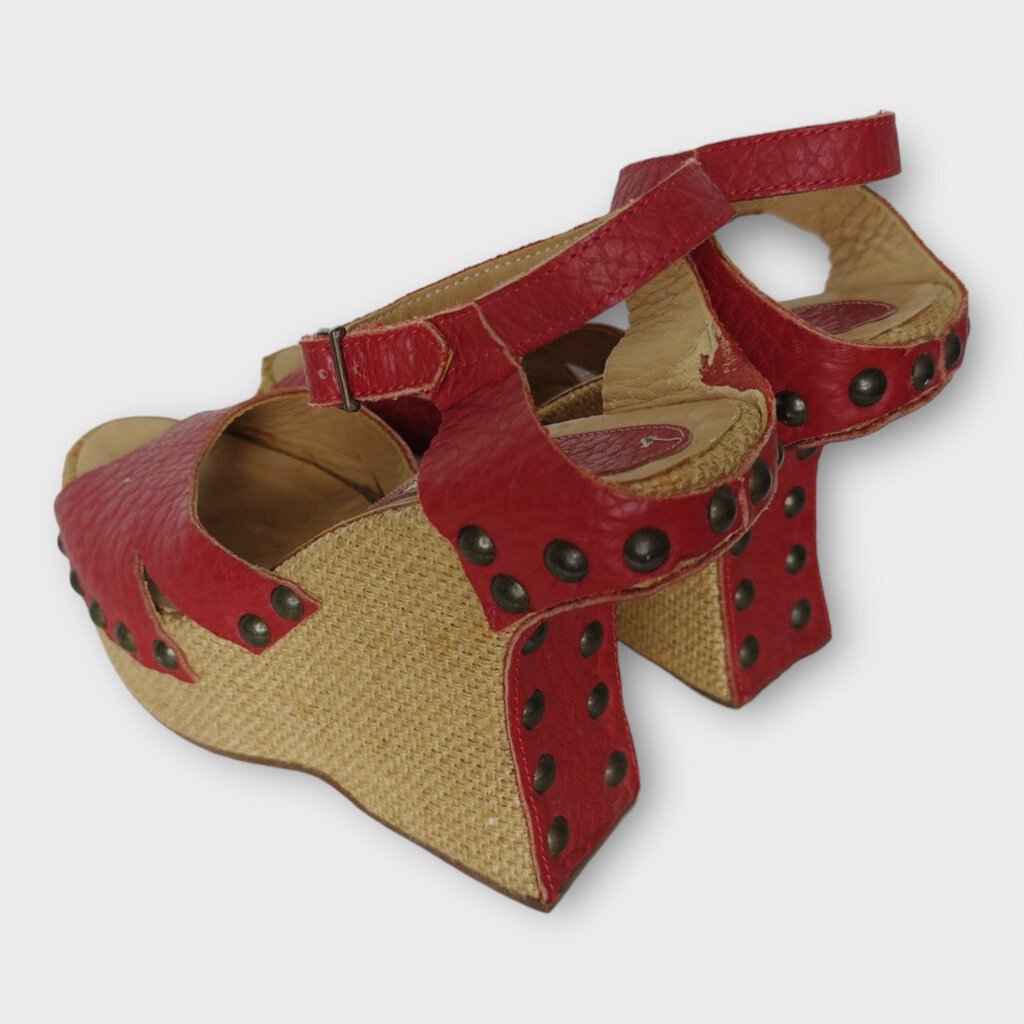 Marni Red Leather & Burlap Studded Heels