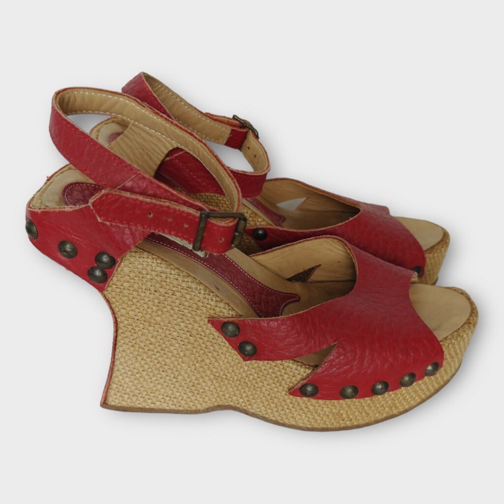 Marni Red Leather & Burlap Studded Heels